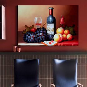 Framed Canvas Wall Art Decor Painting, Still Life Wine and Grape Fruits on Table Oil Painting Style Decoration For Restaurant, Kitchen, Dining Room