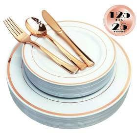 JL Prime 125 Piece Rose Gold Plastic Plates & Cutlery Set, Re-usable Recyclable Plastic Plates with Rose Gold Rim & Silverware, 25 Dinner Plates