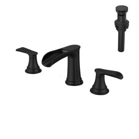 The new model is beautiful and practical Waterfall Bathroom Sink Faucet 3 Hole Dual Handle 8 Inch Bath Faucet with Plastic Perforated Drainer (Color: Black)