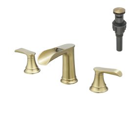 The new model is beautiful and practical Waterfall Bathroom Sink Faucet 3 Hole Dual Handle 8 Inch Bath Faucet with Plastic Perforated Drainer (Color: Brushed Gold)